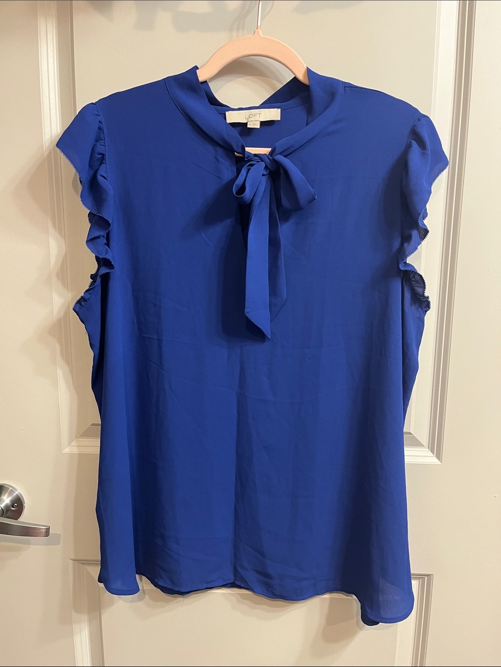 LOFT Cobalt Tie-Neck Flutter Sleeve Blouse - Picture 3 of 13